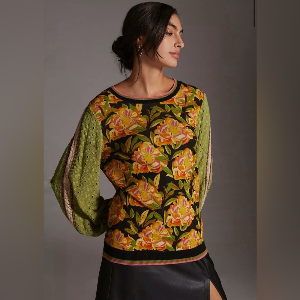 Bl-nk Anthropologie Eyelet Pullover Top Bohemian Floral Green Yellow Boho Artsy